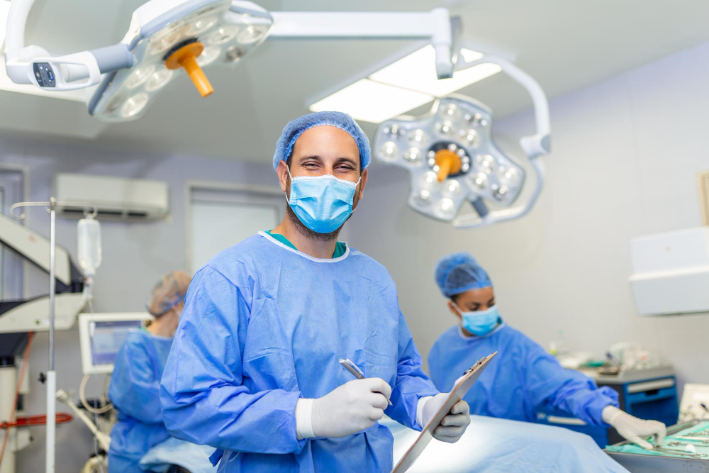 A dental Surgeon looking at us while an assistant prepares a surgery table