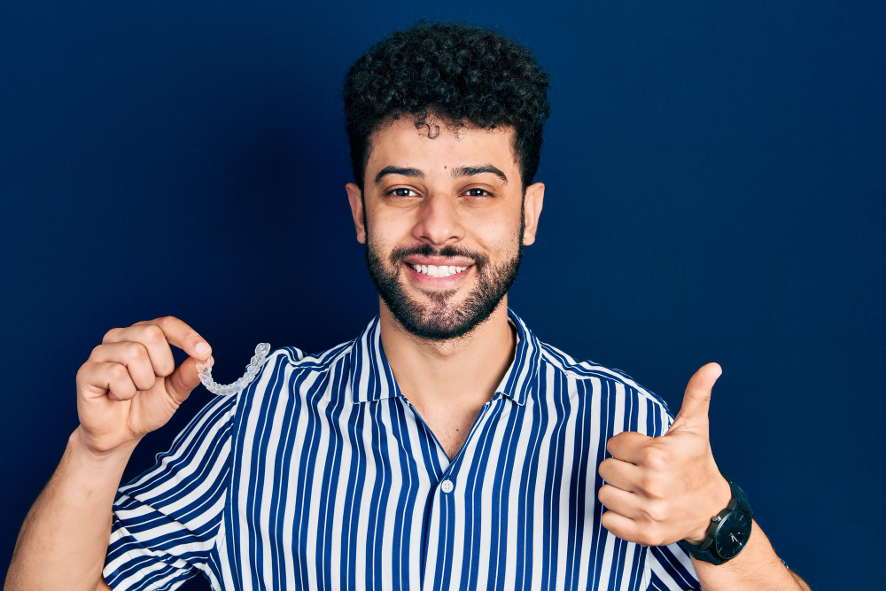 A young man is happy and holding an Invisalign denture on one hand while showing a thumbs up sign on the other